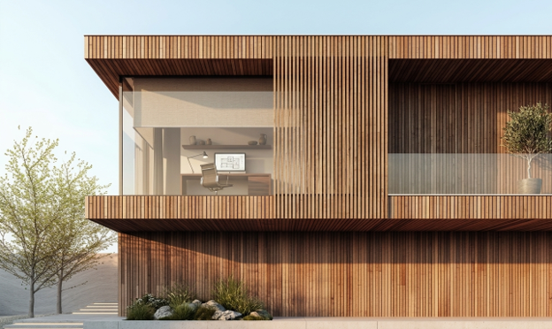 Timber louver facade on a modern luxury villa with natural wood finishes